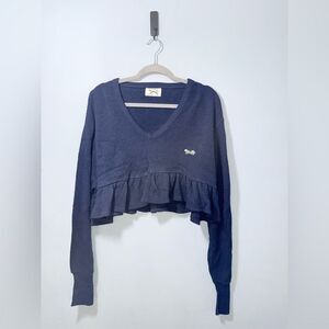 JCPenney VTG "The Fox" navy blue V-neck cropped ruffled sweater XL EUC